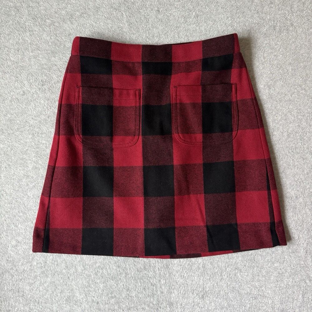 J. Crew Wool Mini Skirt Red & Black Buffalo Check Harvest Plaid Small 0 Pockets